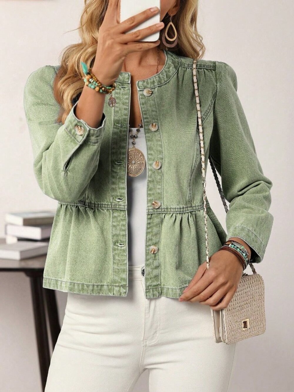 Army Green Casual Women's Long Sleeve Single-Breasted Ruffle Hem Denim Jacket